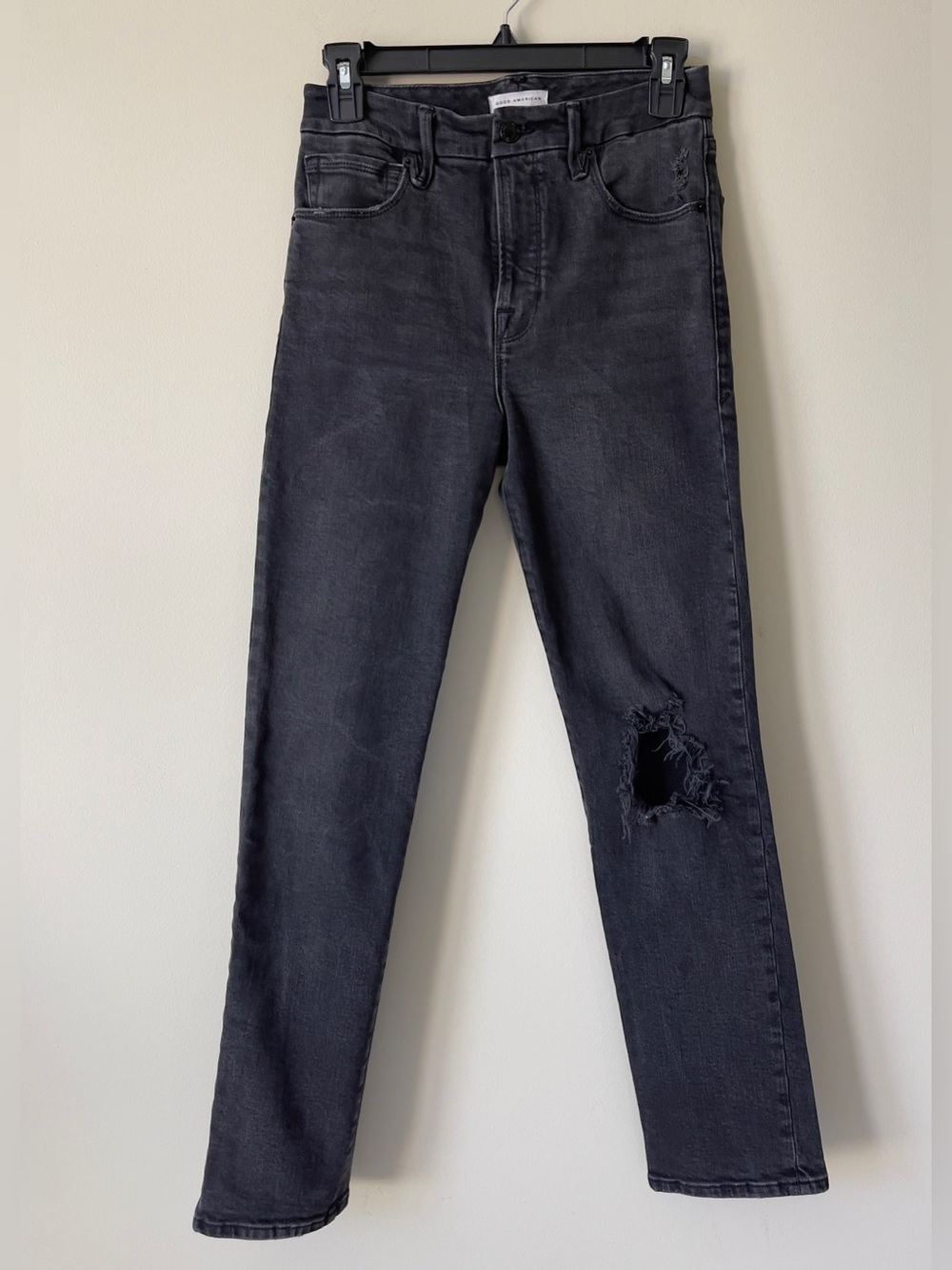 Good American Women’s Hi Rise Black Distressed Straight Leg Cotton Jeans Size 2